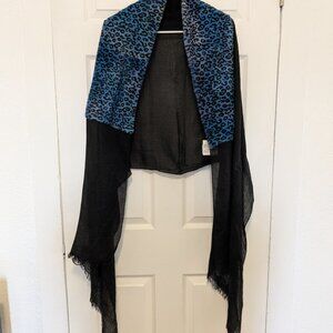 Claudio Cutuli Italy Alka 1 Stole Scarf Blue Leopard Rex Rabbit Fur Trim Sheer